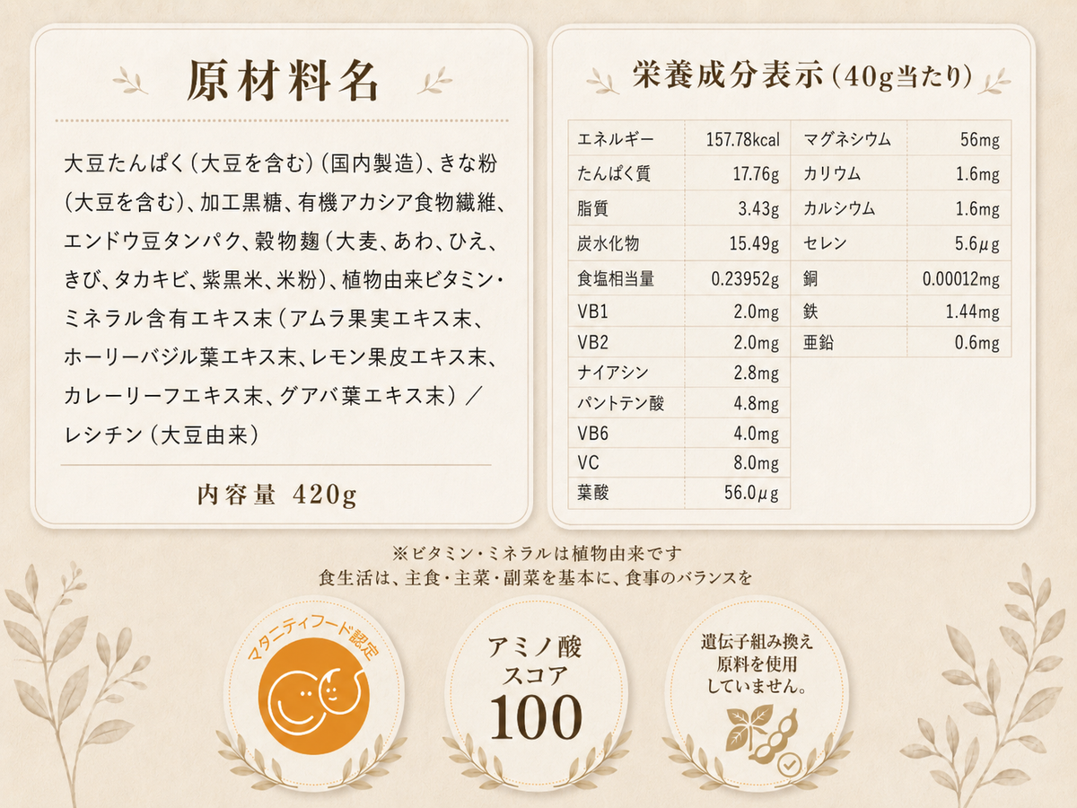 リミエ ビューティーパウダーの原材料・栄養成分表示。マタニティフード認定、アミノ酸スコア100、遺伝子組み換え原料不使用。
